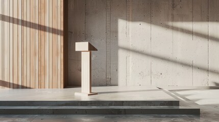 A minimalistic lectern with integrated AI controls in a conference room