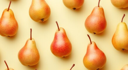 A pattern of pears on a light background, showcasing their vibrant colors and shapes.
