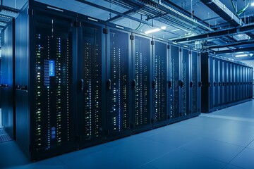 Rows of dark server racks glow with blue lights, indicating active data processing within a modern data center during the evening, highlighting advanced technology.