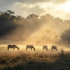 Fototapeta premium A peaceful wildlife scene with animals grazing in dew-covered grasslands under soft, misty light, framed elegantly in 16:9