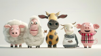 A playful grouping of farm animals, such as a cow, sheep, and piglet, standing cheerfully on a crisp white surface,