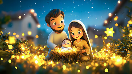 Boho style painting representing Nativity scene in Bethlehem. Christmas scene illustration showing holy family baby Jesus in the manger Joseph and Mary. Wallpaper or banner  © Akash Tholiya