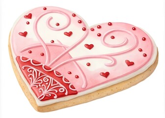 Watercolor clipart of a heart-shaped cookie with pink icing, red and white swirls, and heart-shaped details. A perfect fit for Valentine&rsquo;s Day or love-inspired themes.