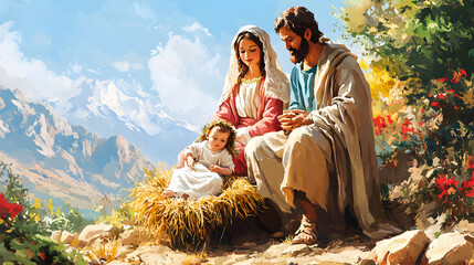 Boho style painting representing Nativity scene in Bethlehem. Christmas scene illustration showing holy family baby Jesus in the manger Joseph and Mary. Wallpaper or banner 