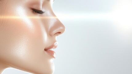 Fototapeta premium Woman s glowing face, flawless skin highlighted by soft lighting, isolated on white, natural beauty, perfect complexion