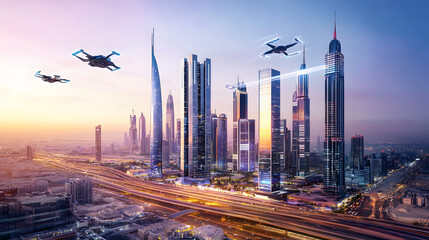 Fototapeta premium A modern cityscape featuring sleek skyscrapers, glowing lights, and futuristic flying cars in a vibrant, colorful sunset sky..