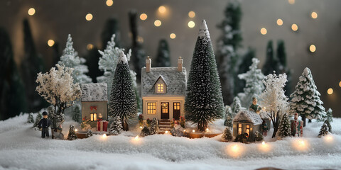 A detailed miniature winter village display featuring snowy trees, houses, and figures, creating a cozy Christmas scene with warm glowing lights.