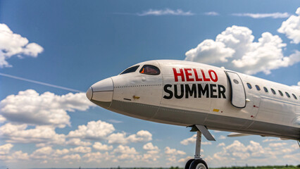 Obraz premium A close-up of a sleek airplane nose featuring HELLO SUMMER text, with a bright blue sky and scattered clouds in the background