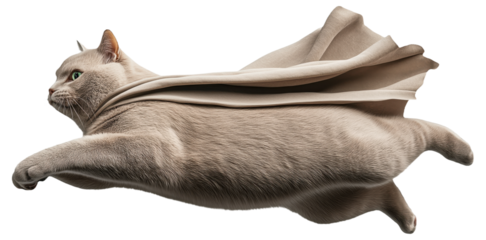 PNG Cat wearing a cape appearing to fly through the air