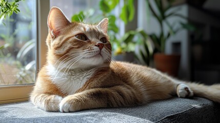 A content cat lounges comfortably on a soft surface, basking in the warm sunlight streaming through the window, surrounded by indoor plants, reflecting a soothing atmosphere