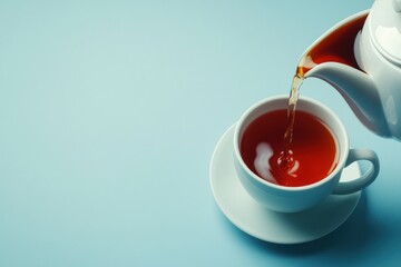 A teapot pouring tea into a white cup on a soft blue background.