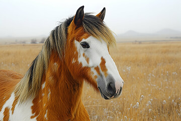 Obraz premium Pinto horse portrait in a field.