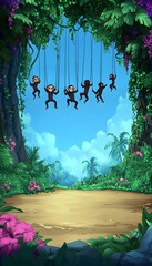 Obraz premium Playful monkeys swinging on vines in a lush jungle.