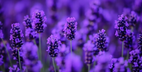 Naklejka premium A close-up view of vibrant lavender flowers in a field, showcasing their beauty and color.