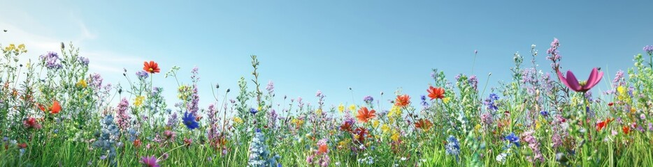 A vibrant field of colorful wildflowers under a clear blue sky.