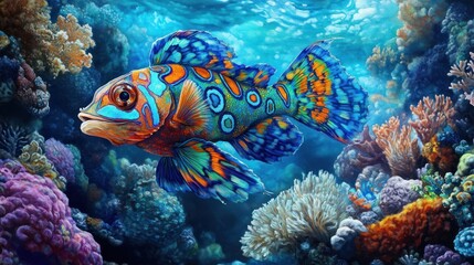 Obraz premium Vibrant Mandarin Fish Swimming in a Coral Reef