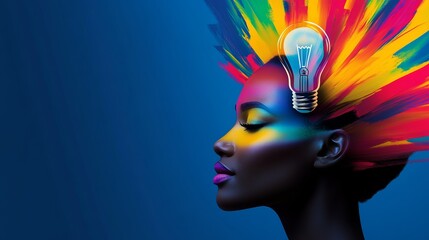 Woman with a colorful headdress and a light bulb on her head. The image is meant to represent creativity and innovation
