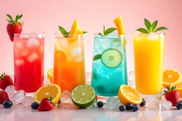 Assorted refreshing fruit drinks with citrus and berries on ice