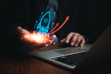 Startup business digital marketing concept. Entrepreneurship launch rocket innovation strategy...