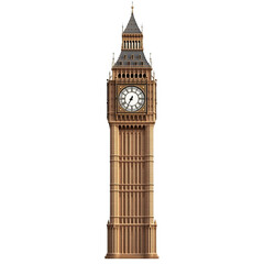 3D front view illustration of Big Ben British monument isolated on a white transparent background