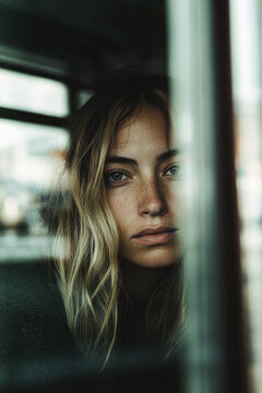 This portrait captures a woman lost in thought as she gazes through a window, reflecting a deeper emotional state while highlighting her natural beauty and freckles.