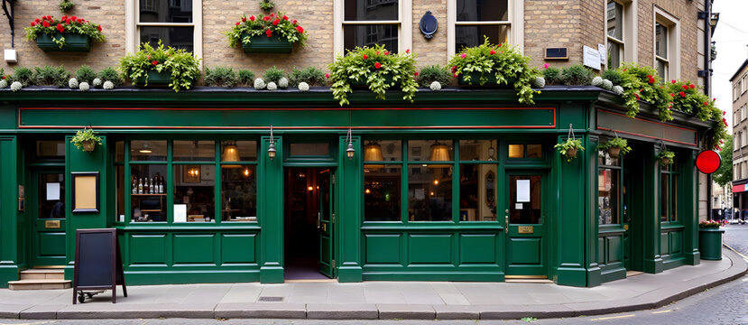 Classic english pub with brick exterior and green facade on city corner