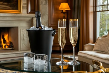 Luxurious Champagne Celebration by Fireplace in Elegant Room
