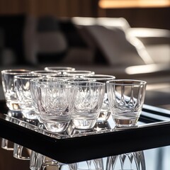 A stackable set of clear glass cups, artfully arranged on a modern tray with reflections creating a luxurious atmosphere, 16:9 widescreen