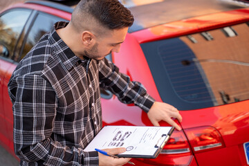 Insurance agent filling out a damage report on a red car, assessing the extent of the damage for an insurance claim