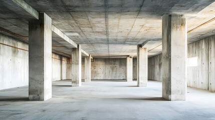 A spacious, unfinished concrete interior with exposed beams, structural columns, and raw industrial textures illuminated by natural light.  .