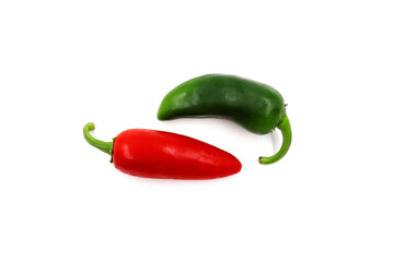 Red and green chili pepper isolated on white background.  Jalapeño peppers . Top view.