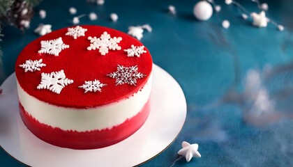 Layered mousse cake in red and white colors, decorated with sugar snowflakes for a festive winter look