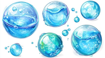 A collection of blue water bubbles with varying sizes, showcasing reflections and transparency against a white background