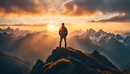 Concetto di successo e raggiungimento degli obiettivi, persona in vetta ad una montagna