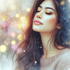 Fototapeta premium Portrait of a young woman with closed eyes and flowing hair, surrounded by soft bokeh lights and snow. Digital watercolor art