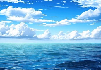 Obraz premium A wide shot of the calm blue sea, with white clouds in the sky, creating an endless horizon. 