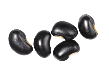 Black beans close up, isolated on white background, top view.	
