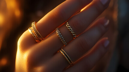 Close-up of a hand adorned with multiple gold rings featuring intricate designs, diamonds, and a warm glowing background..
