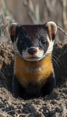 Fototapeta premium Close-up of a yellow-bellied marten peering from its burrow.