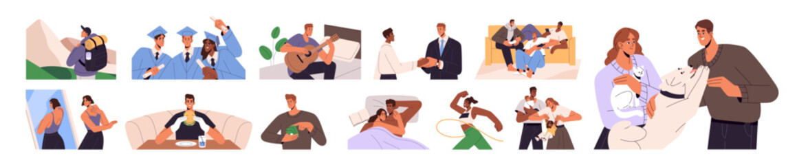 Positive life moments concept set. Happy people enjoy friends, self love, pets, family. Characters get pleasure from sex, food, travel, hobby, money, sport. Flat isolated vector illustrations on white