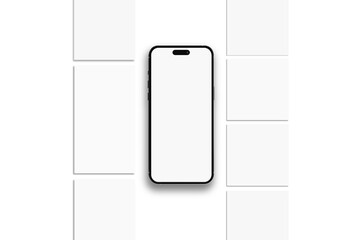 Smartphone mockup with social media post and stories interface mockup. Social media mobile app page template design for user carousel post feed. Minimal design interface template of social network