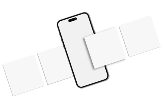 Smartphone mockup with social media post interface mockup. Social media mobile app page design for user carousel post feed. Mobile app interface frame template presentation on social network