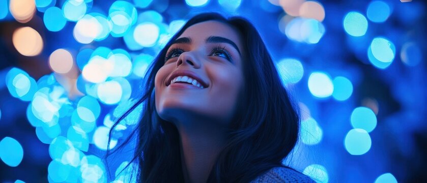 woman looking up with a joyful expression against a blue bokeh background