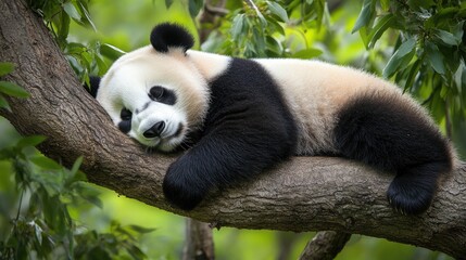 Obraz premium Sleeping Panda Bear on a Tree Branch