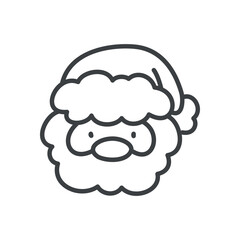 Kawaii Santa Claus icon. Hand drawn monochrome illustration of a funny Santa Claus face isolated on a white background. Cute Christmas sticker. Vector 10 EPS.