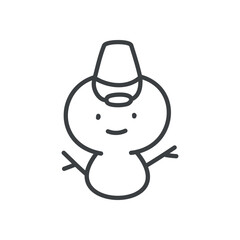 Kawaii snowman icon. Hand drawn monochrome illustration of a funny snowman wearing scarf and bucket isolated on a white background. Cute winter holiday sticker. Vector 10 EPS.