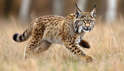 Fototapeta premium Eurasian lynx stalking through tall grass.