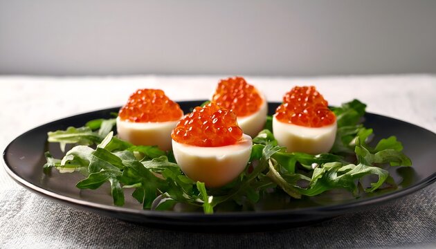 Quail eggs halved and topped with red caviar, served on a bed of fresh greens for a luxurious starter