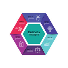 Modern hexagon infographic template 6 options for workflow layout, diagram, number options, step up options