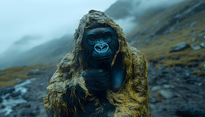 Obraz premium Gorilla covered in mud, gazing intensely.